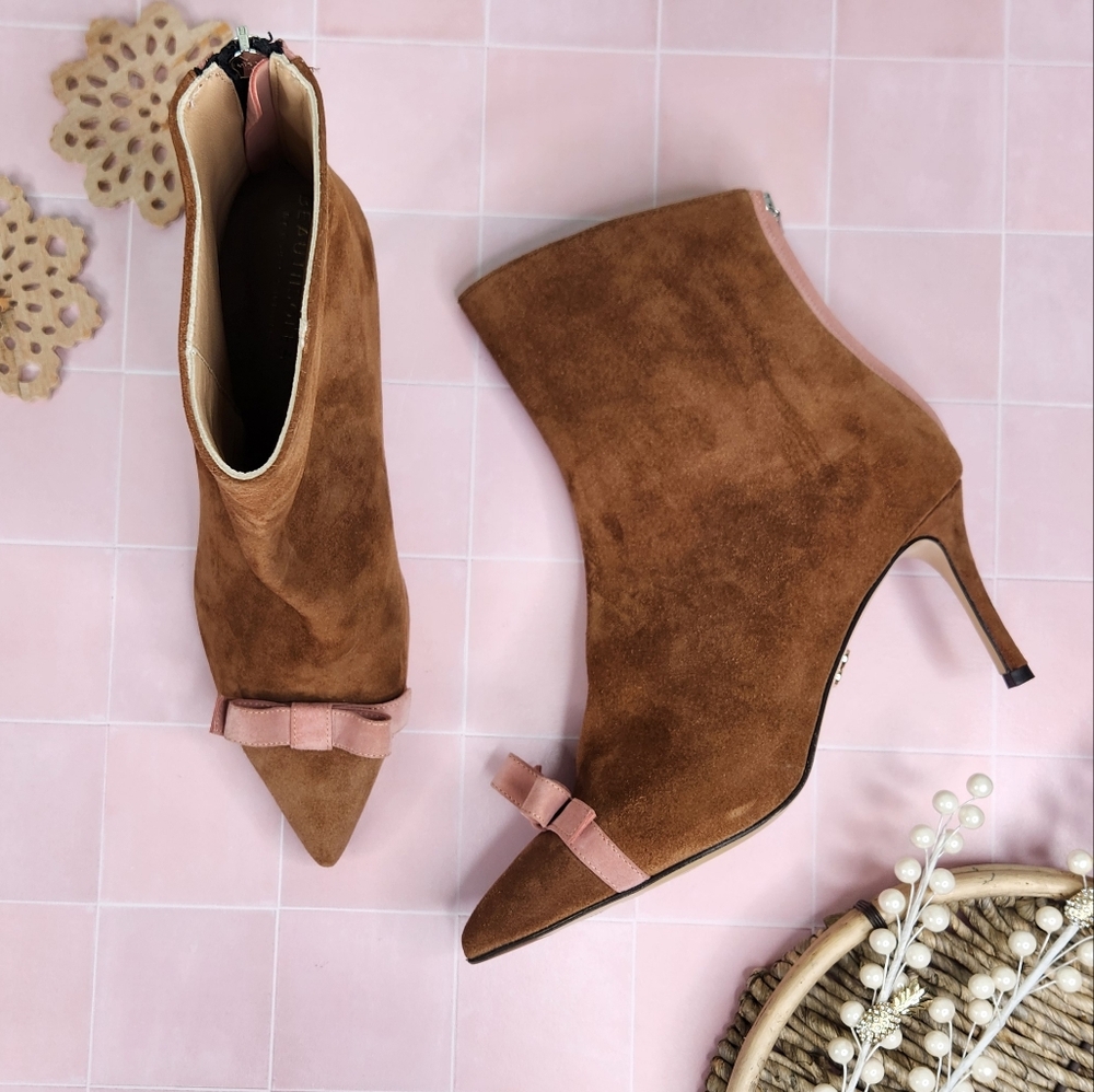 Beautiisoles Brandi Pointed Toe Bootie In Brown Suede Leather Mix